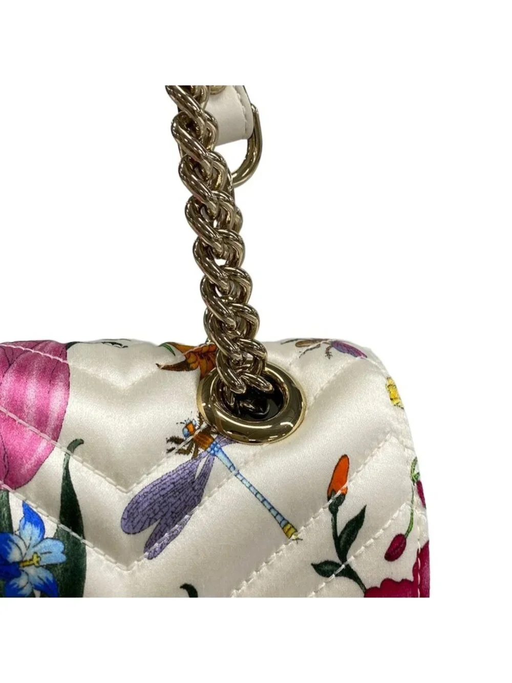 Gucci Shoulder Bag GG Marmont Quilted Medium Flora White Dark Green Multi Chain